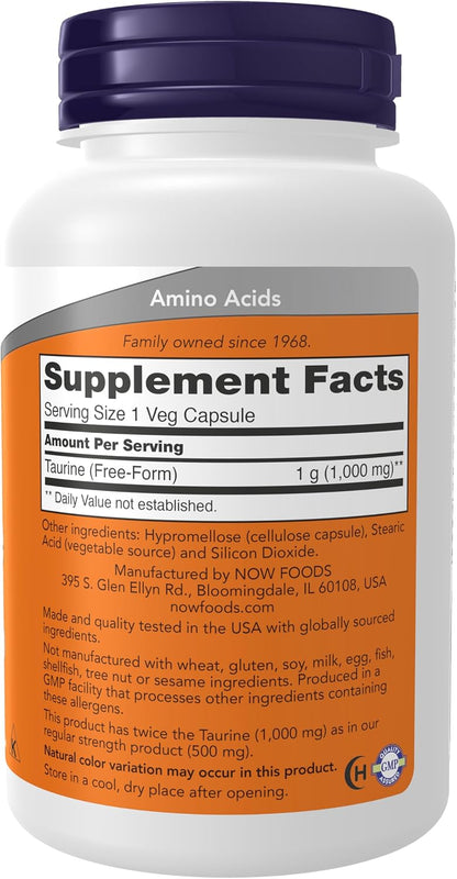 NOW Supplements, Taurine 1,000 mg, Double Strength, Nervous System Function*, 100 Veg Capsules