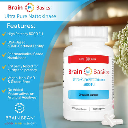 Brain Basic Ultra-Pure Nattokinase 5000 FU – 120 Capsules – Natural Circulation Support with Highest Potency Available – Non-GMO, Vegan, Gluten-free