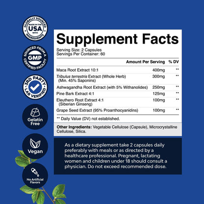 Black Maca Root Capsules for Men – with Siberian Ginseng & Ashwagandha, 120 Capsules