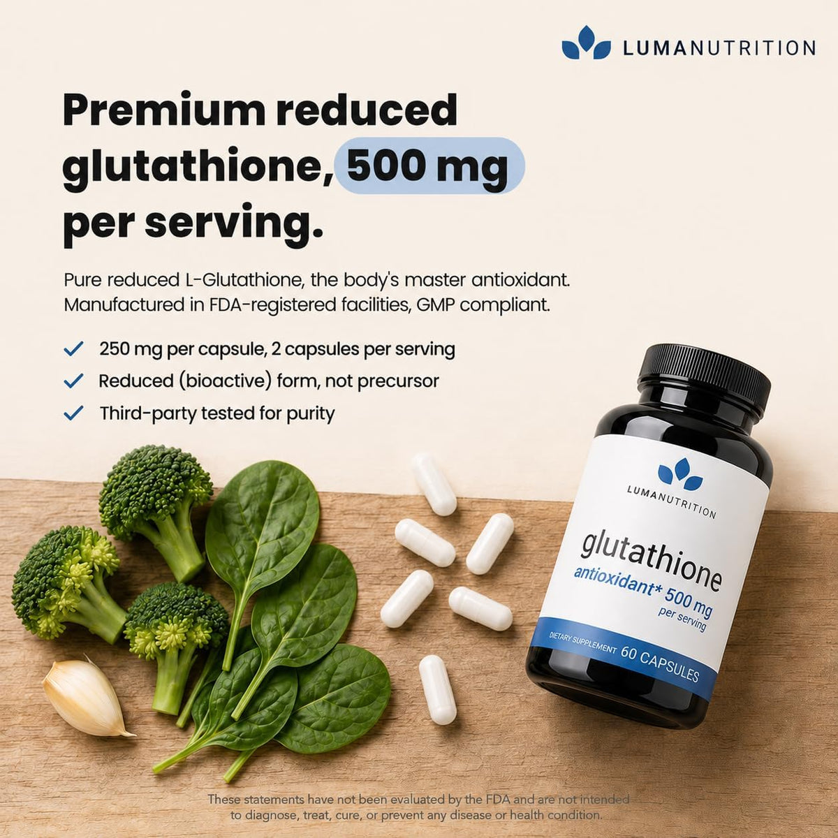 Luma Nutrition Premium Glutathione Supplement – 500mg – 60 Capsules - görsel 3