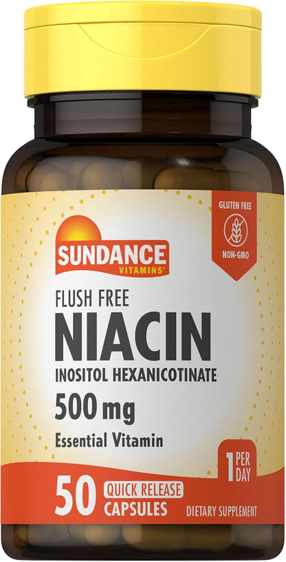 Sundance Niacin 500mg Flush Free | 50 Capsules | Inositol Hexanicotinate | Non-GMO & Gluten-free Supplement