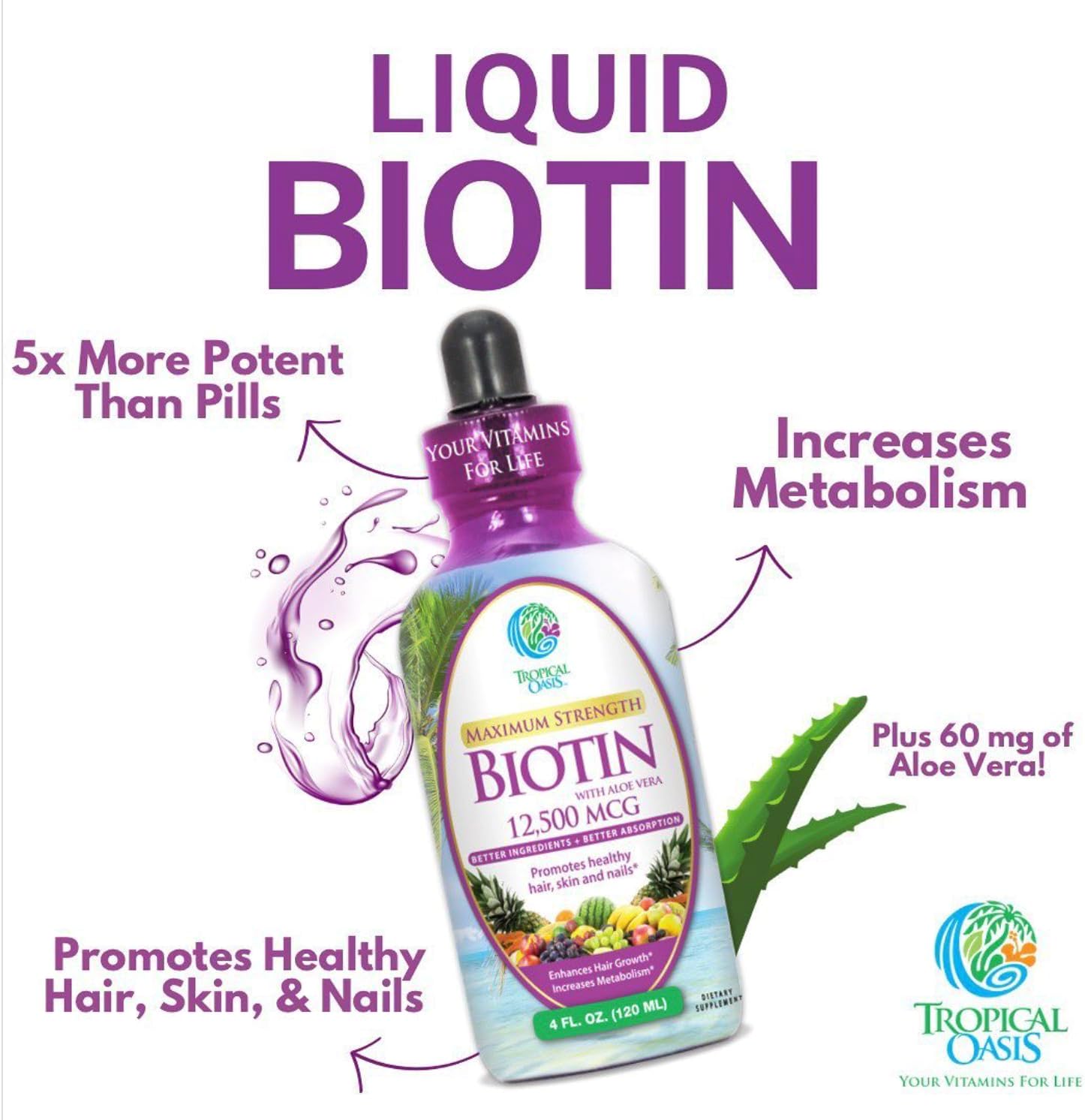 Maximum Strength Liquid Biotin Drops with Organic Aloe Vera, 12,500 mcg – 118 ml (4 fl oz, 30 Servings) - görsel 7