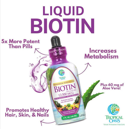 Maximum Strength Liquid Biotin Drops with Organic Aloe Vera, 12,500 mcg – 118 ml (4 fl oz, 30 Servings)