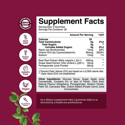 Flow Boosting Beetroot Gummies - Nitric Oxide Support with Pomegranate and Vitamin B12 - 60 Count