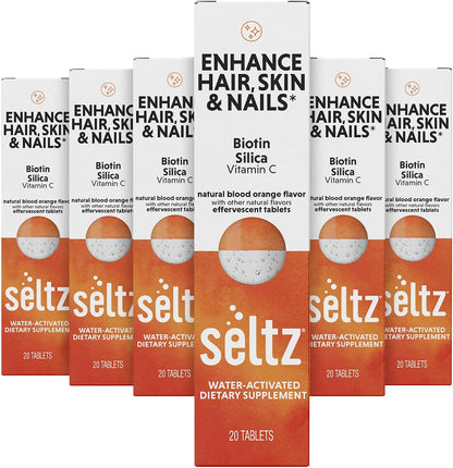 Seltz Hair, Skin and Nails Drink Tablets – Biotin Food Supplement with Vitamin C and Silica, Effervescent, No Added Sugar, Blood Orange Flavour, 6 Pack