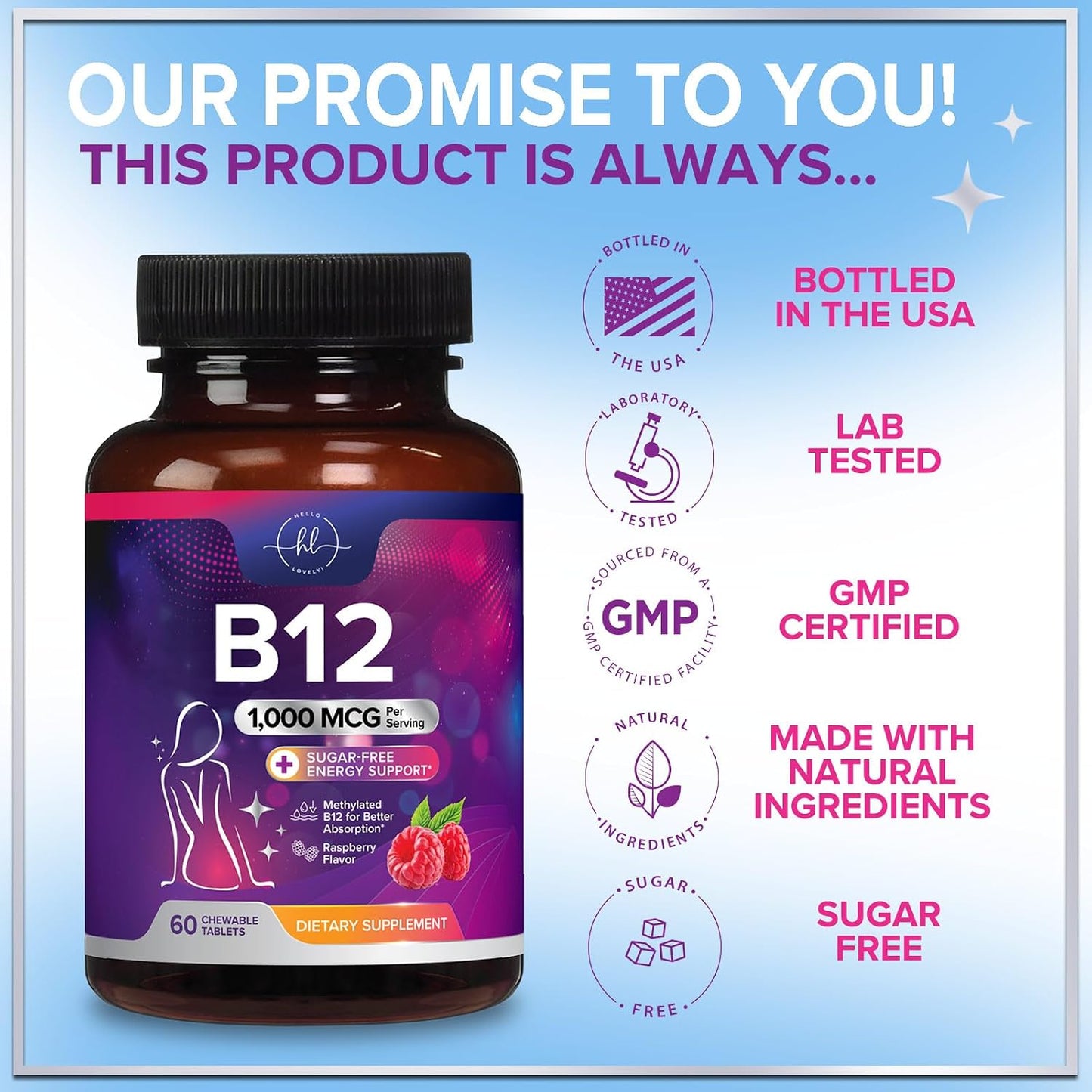 Vitamin B12 1000 mcg Chewable Tablets - B12 Complex for Heart, Nerve & Energy Support - 60 Tablets - görsel 4