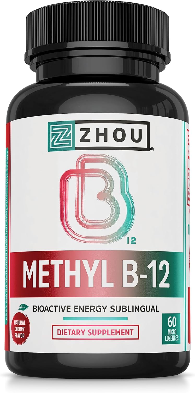 Zhou Methyl B12 - Methyl B-12 Supplement for Adults, Vitamin B12 5000 mcg, Vegan Friendly, Energy Metabolism and Nervous System Support, Methylcobalamin - 60 Micro Lozenges - görsel 1