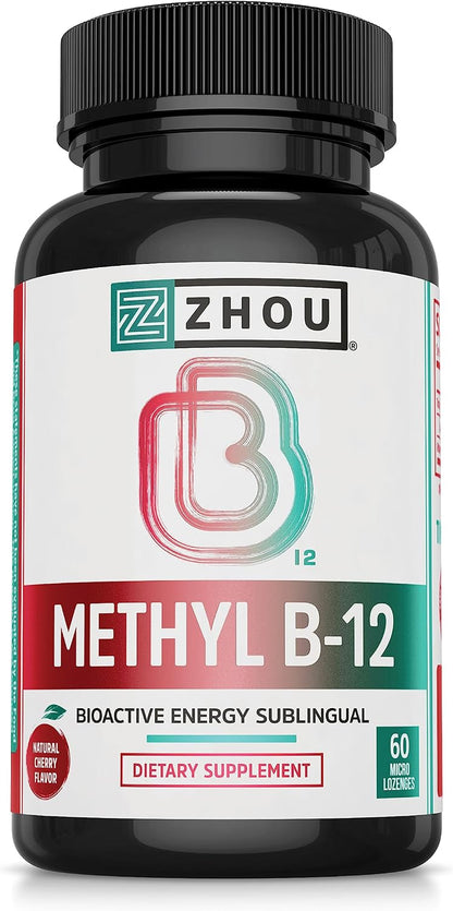 Zhou Methyl B12 - Methyl B-12 Supplement for Adults, Vitamin B12 5000 mcg, Vegan Friendly, Energy Metabolism and Nervous System Support, Methylcobalamin - 60 Micro Lozenges