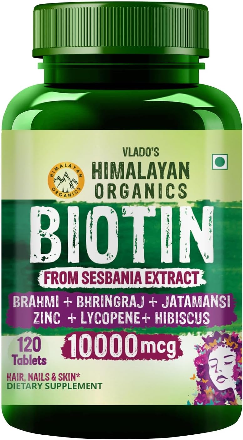 Himalayan Organics Biotin 10000mcg for Hair, Skin and Nails Tablets - 120 Count - görsel 1