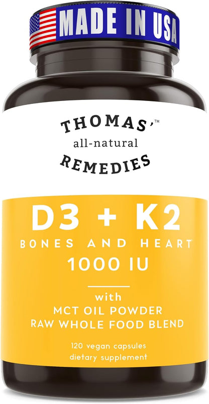 Thomas' All-Natural D3 + K2 with MCT Oil & Raw Whole Food Blend, 1000 IU, Vegan, 120 Soft gel capsules