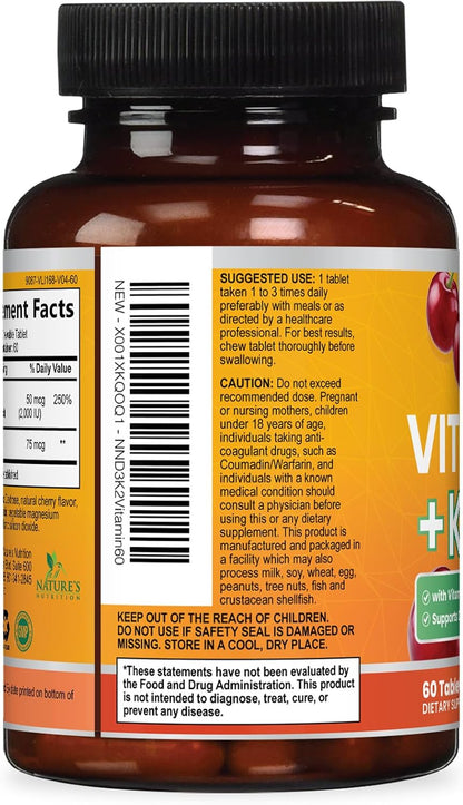 Nature's Nutrition Vitamin D3 K2 Chewable - 2000 IU D3 + 75 mcg MK-7 - Berry Flavour - 60 Tablets