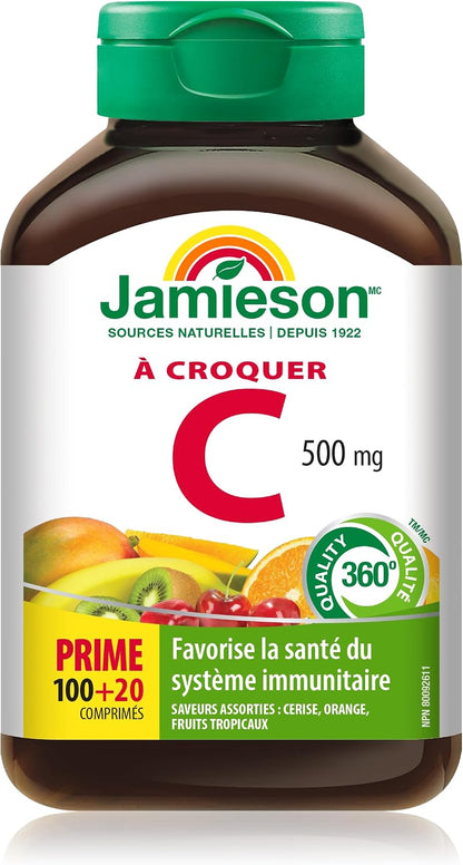 Jamieson Laboratories Vitamin C Chewable 500mg, Mixed Fruit Flavours, 120 Tablets