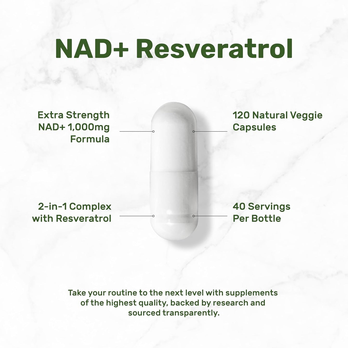 NAD+ Resveratrol Supplement 1,000mg Per Serving, 120 Vegetable Capsules - görsel 3
