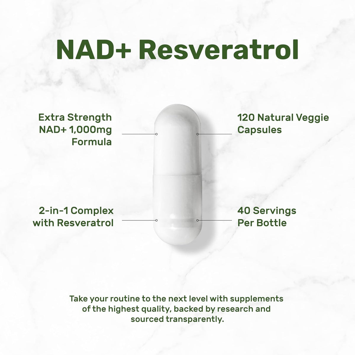 NAD+ Resveratrol Supplement 1,000mg Per Serving, 120 Vegetable Capsules - görsel 3