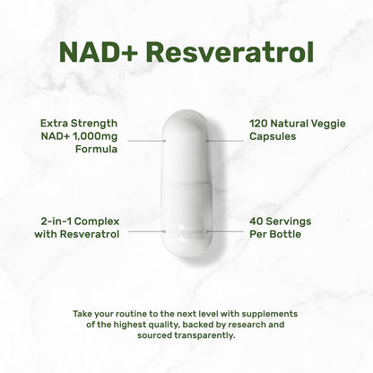 NAD+ Resveratrol Supplement 1,000mg Per Serving, 120 Vegetable Capsules