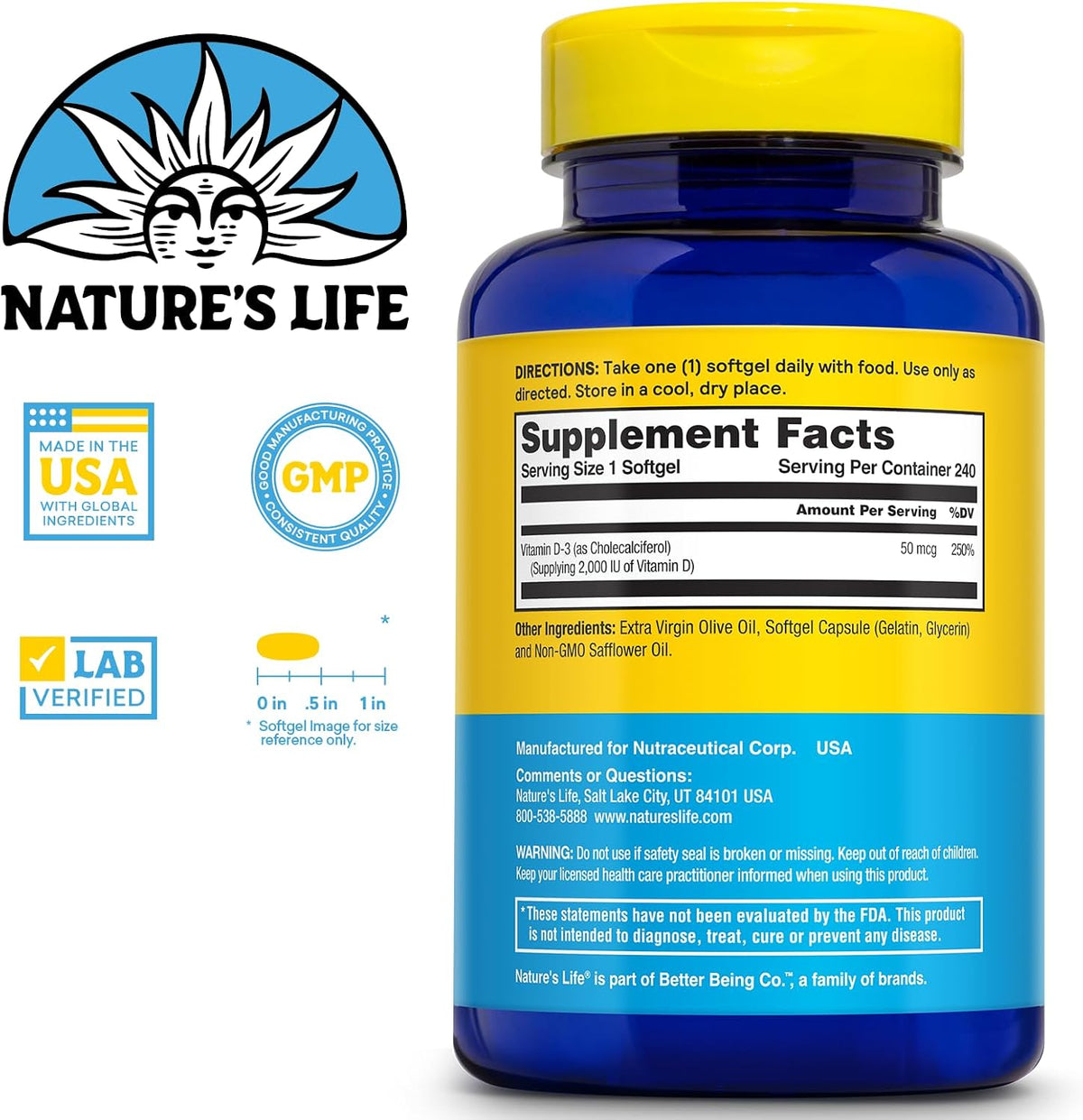 Nature's Life Vitamin D3 2000 IU (50 mcg) - 240 Softgels - görsel 2