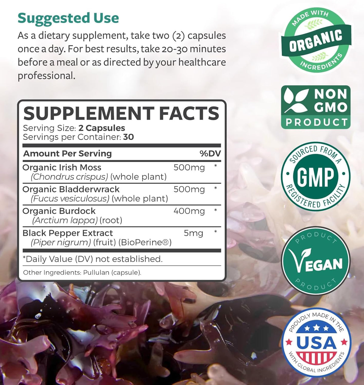 Organic Irish Sea Moss Capsules with Bladderwrack, Burdock Root and Black Pepper Extract – Healths Harmony - görsel 4