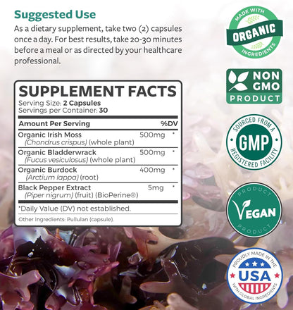 Organic Irish Sea Moss Capsules with Bladderwrack, Burdock Root and Black Pepper Extract – Healths Harmony