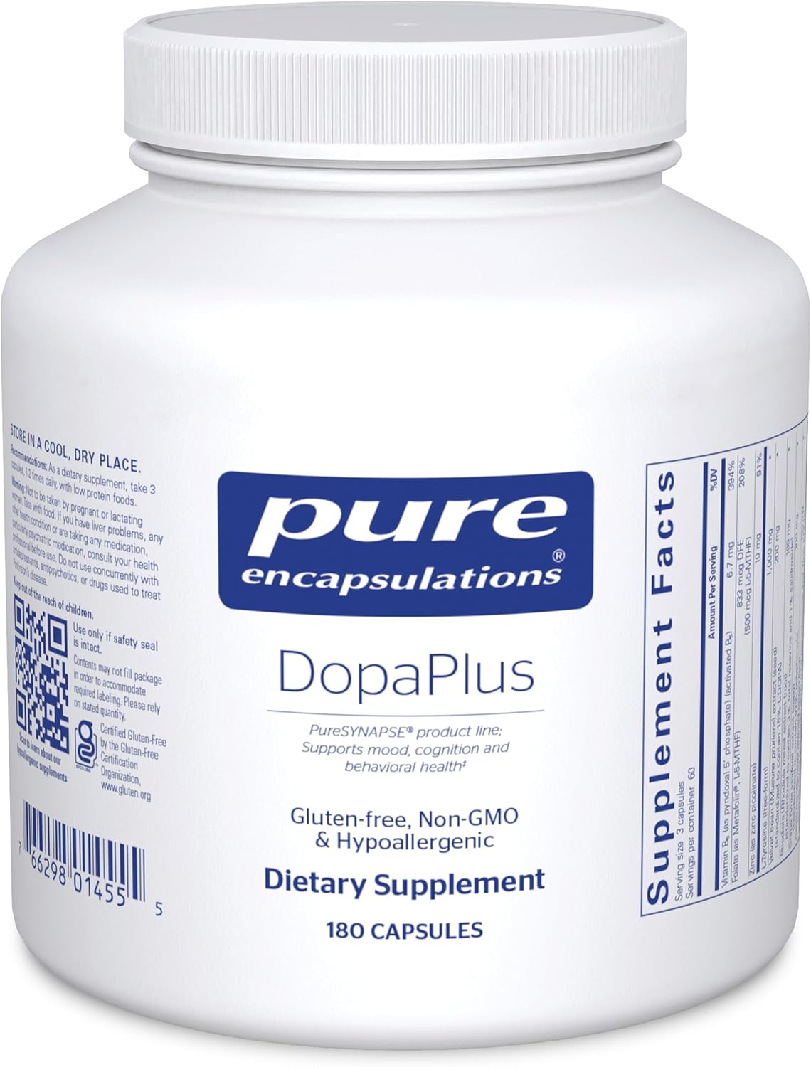 Pure Encapsulations DopaPlus - Supports Dopamine Production - for Daily Brain Function - with L-Tyrosine, Folate, Vitamin B6 & L-5-MTHF - Non-GMO & Vegan - 180 Capsules - görsel 1