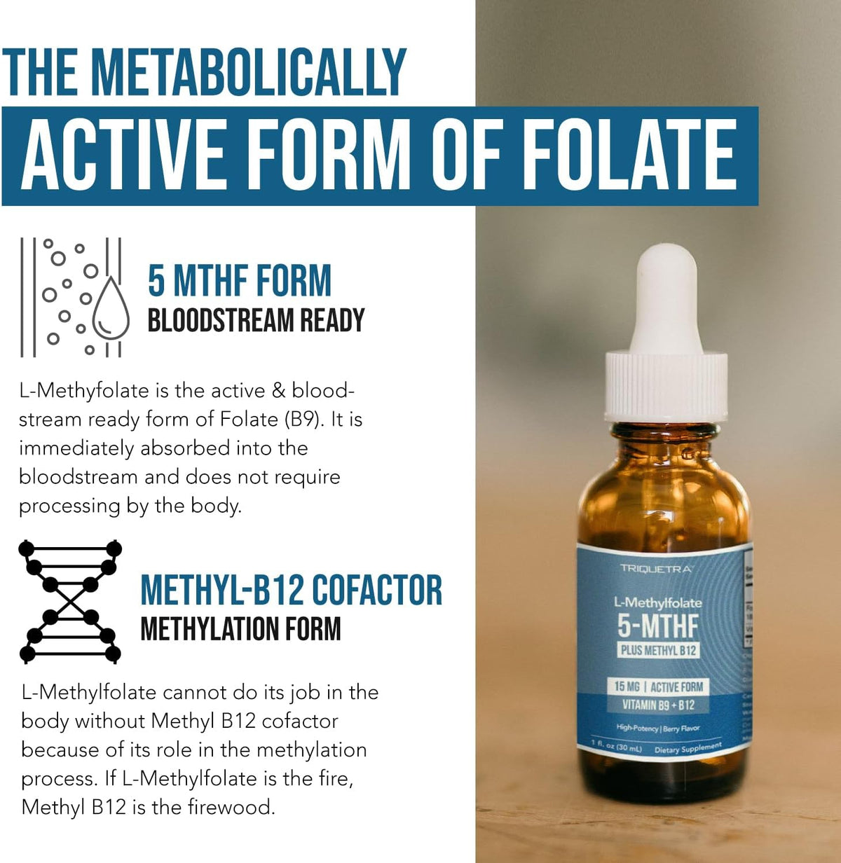 L-Methylfolate 15mg with Methyl B12 Cofactor – High Potency Liquid Sublingual Active 5-MTHF – Organic Berry Flavour – Bioactive Forms Vitamin B9 and B12 (30 ml) - görsel 5