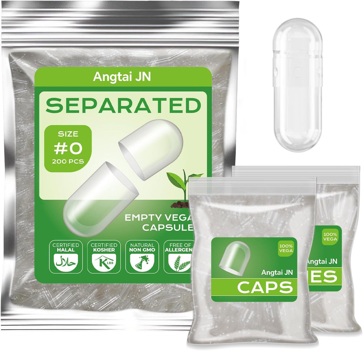 Angtai JN Vegan Size 0 Separated Capsules – Empty Pill Capsules for DIY Supplements (200 Caps + 200 Bodies) - görsel 1