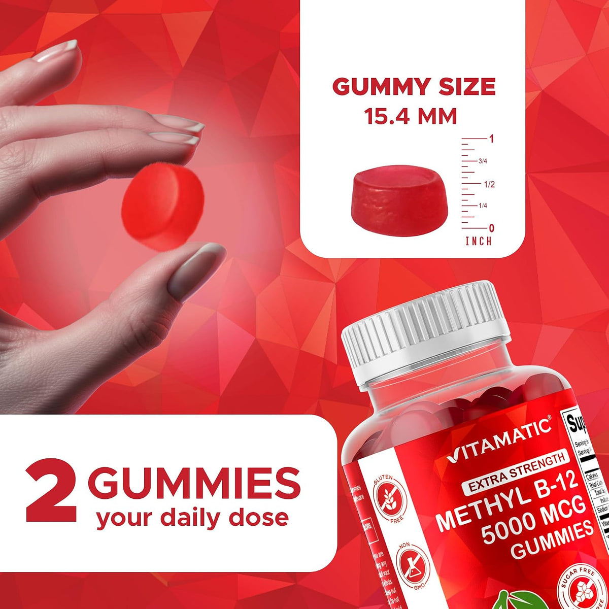 Vitamatic Extra Strength Vitamin B12 5000 mcg (Methyl B12) Gummies - 240 Count, Natural Cherry Flavoured - görsel 4