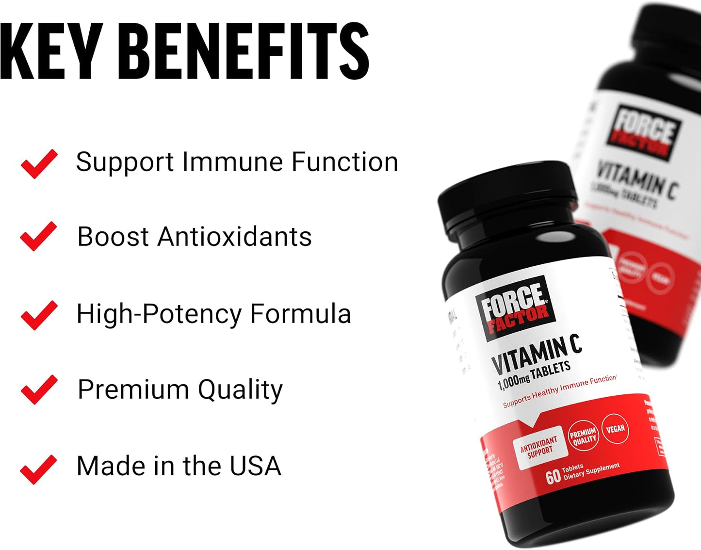 Force Factor Vitamin C 1000mg Immune Support Supplement, Vitamin C Tablets for Immunity and Antioxidant Defence, Premium Quality, Vegan, 60 Tablets - görsel 2