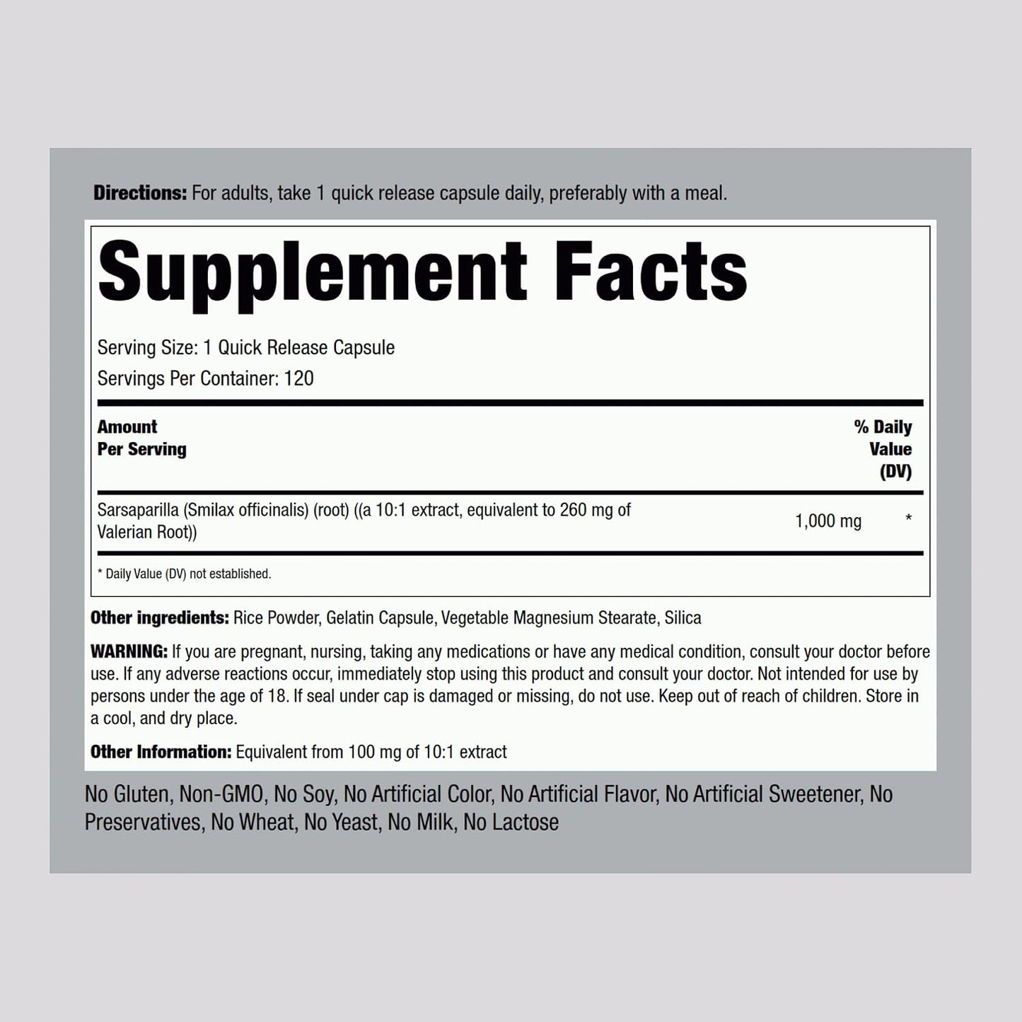 Piping Rock Sarsaparilla Root Capsules (120 Count) - Non-GMO, Gluten-free - görsel 2
