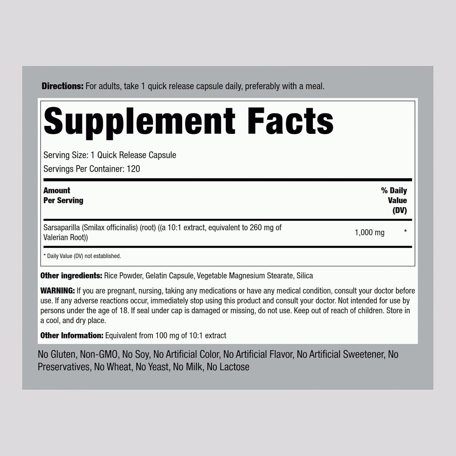 Piping Rock Sarsaparilla Root Capsules (120 Count) - Non-GMO, Gluten-free - görsel 2