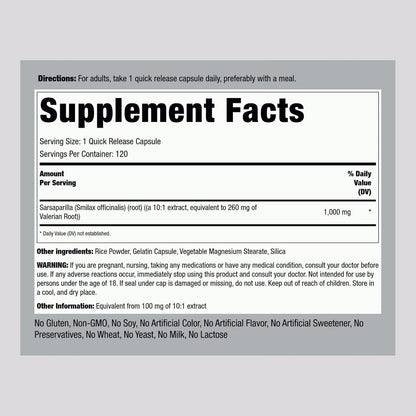 Piping Rock Sarsaparilla Root Capsules (120 Count) - Non-GMO, Gluten-free