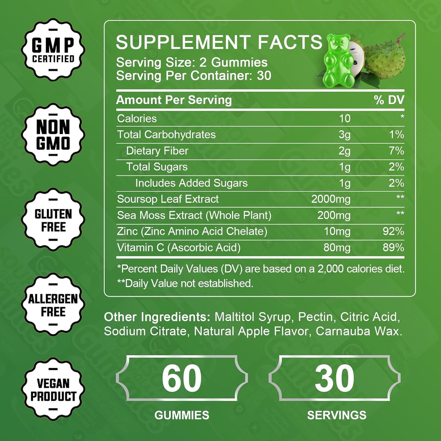 Organic Soursop Graviola Gummies – 2200mg Extra Strength with Sea Moss, Zinc & Vitamin C – 60 Gummies - görsel 2