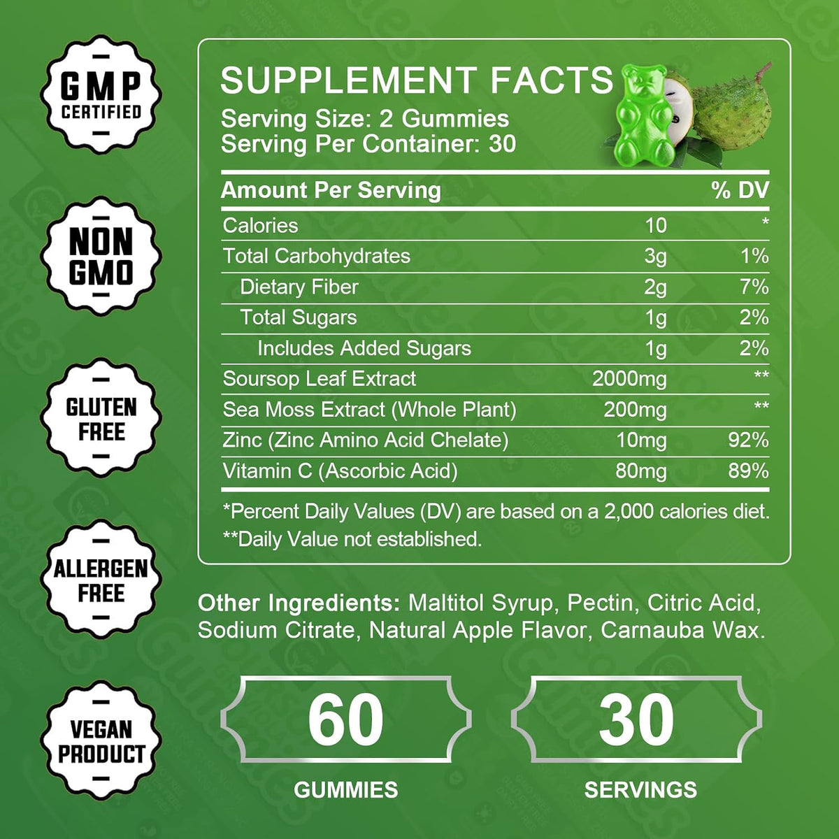 Organic Soursop Graviola Gummies – 2200mg Extra Strength with Sea Moss, Zinc & Vitamin C – 60 Gummies - görsel 2