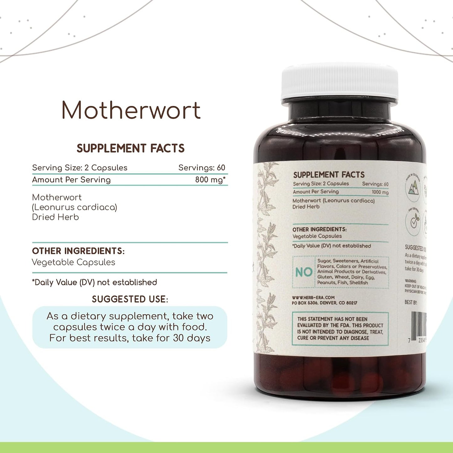 HerbEra Motherwort 120 Capsules, 400 mg, Dried Herb Supplement - görsel 2