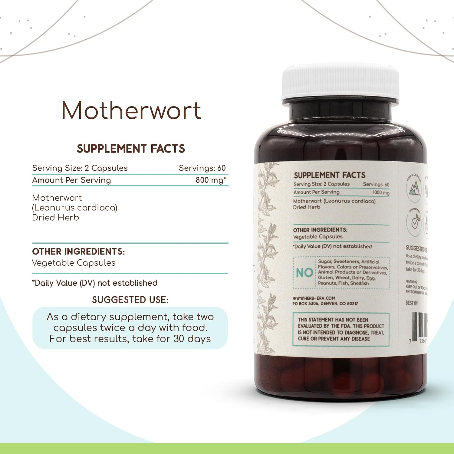 HerbEra Motherwort 120 Capsules, 400 mg, Dried Herb Supplement - görsel 2