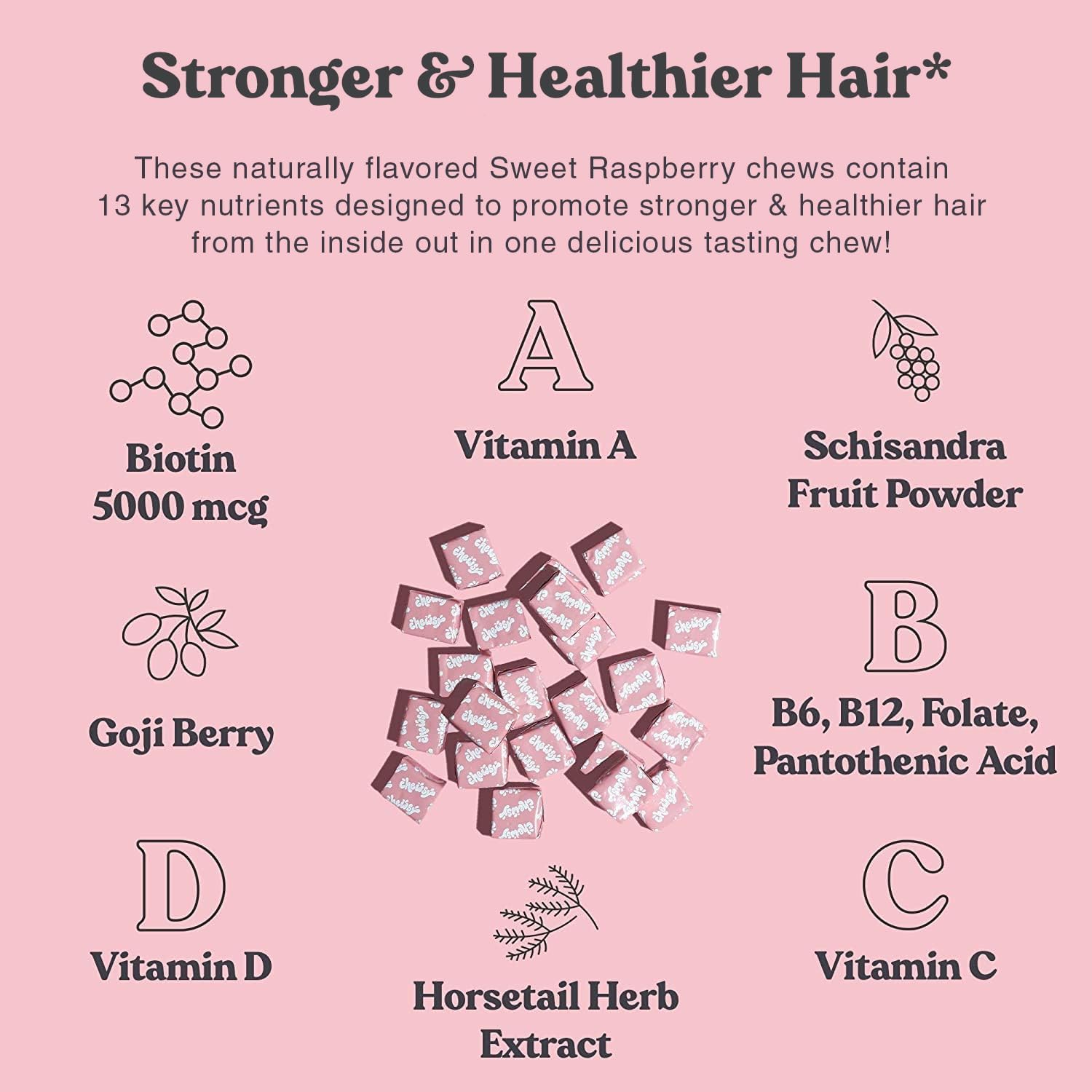 Chewsy Beautiful Hair - Hair Support Supplement with Biotin, Horsetail & Goji Berry - Raspberry Flavour, 30-day Supply - görsel 3