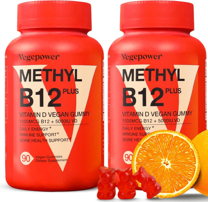 VEGEPOWER Vegan Vitamin B12 & D3 Gummies - 1000 mcg Methyl B12 & 5000 IU D3 - Supports Energy & Immune Function - 90 Count