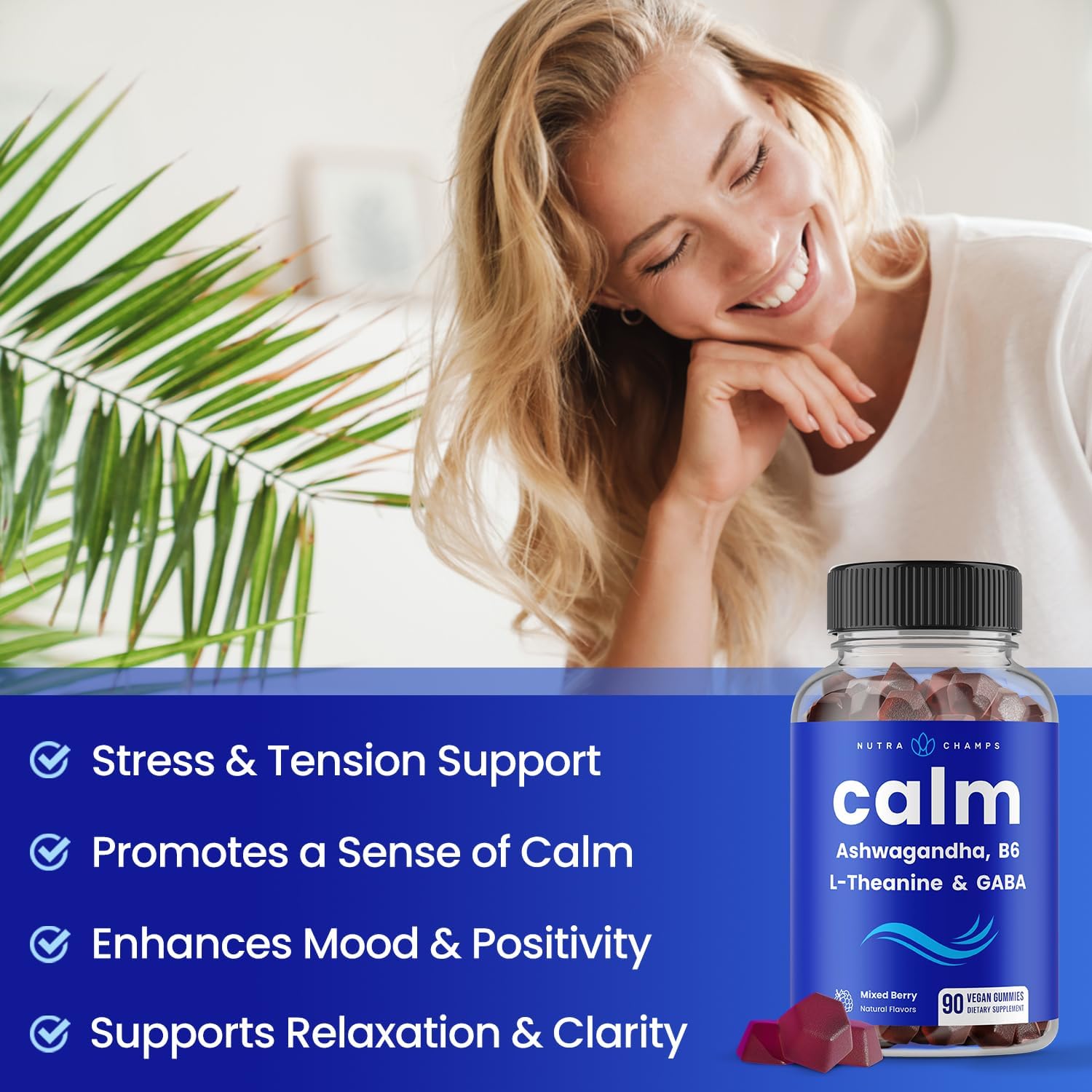 NutraChamps Calm Gummies, Stress Gummies Food Supplement with Ashwagandha, L-Theanine, GABA, Vitamin B6 & Lemon Balm, Supports Mood, Focus & Stress Relief, Natural Berry Flavour, 90 Gummies - görsel 4