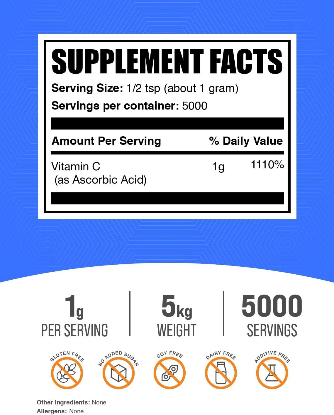 BulkSupplements.com Ascorbic Acid Powder - Vitamin C Supplement, for Immune Support - Ascorbic Acid Food Grade, Gluten-free, 1g per Serving, 1kg (Pack of 5) (5 kg) - görsel 2