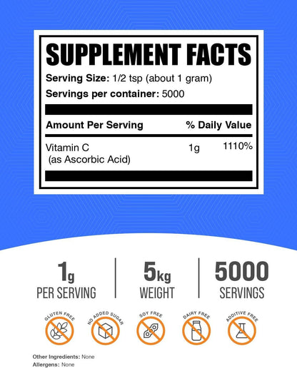 BulkSupplements.com Ascorbic Acid Powder - Vitamin C Supplement, for Immune Support - Ascorbic Acid Food Grade, Gluten-free, 1g per Serving, 1kg (Pack of 5) (5 kg)
