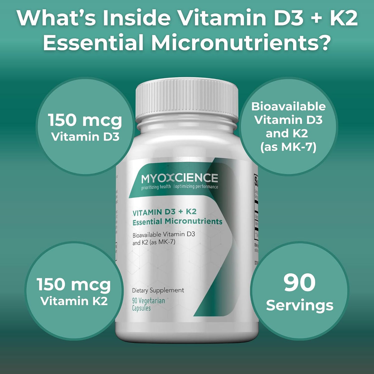 MYOXCIENCE Vitamin D3 + K2 Essential Micronutrients | 6,000 IU D3 & 150 mcg K2 MK-7 | 90 Vegetarian Capsules - görsel 4