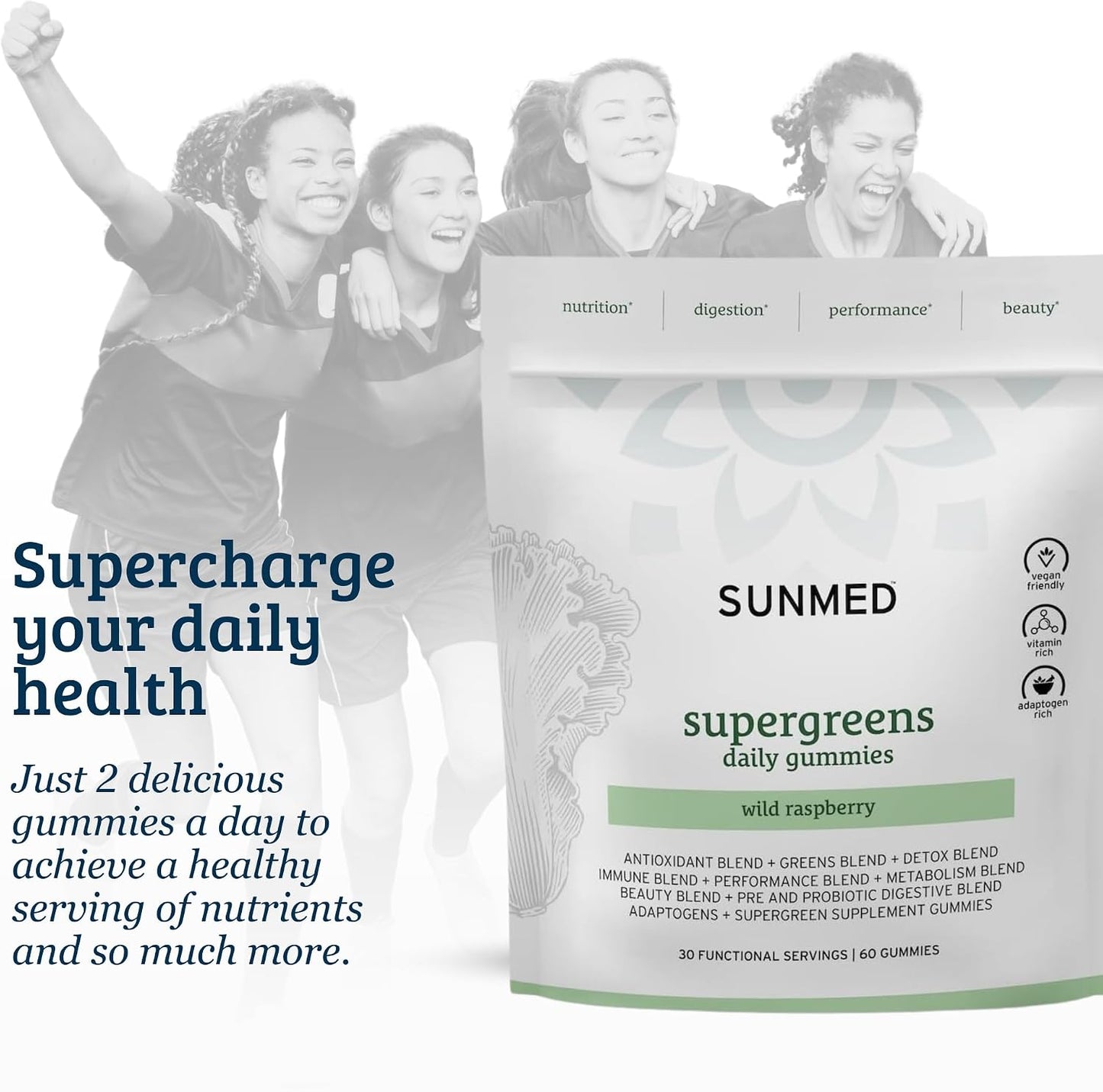 SUNMED Supergreens Daily Gummies - Wellness Blend, Wild Raspberry, 60 Count - görsel 7