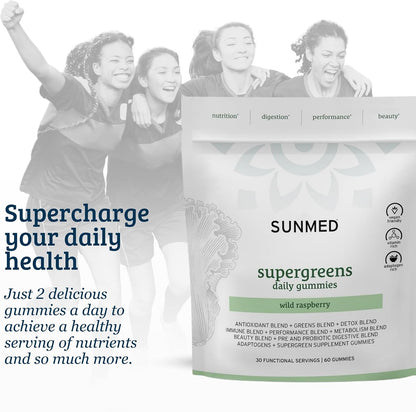 SUNMED Supergreens Daily Gummies - Wellness Blend, Wild Raspberry, 60 Count