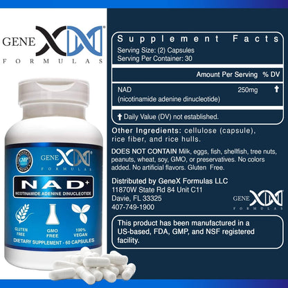 Genex Formulae NAD+ 250mg Serving 60 Capsules - Actual Nicotinamide Adenine Dinucleotide Cellular Support
