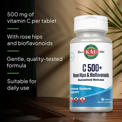 KAL C 500+ Sustained Release Tablets – Vitamin C with Rose Hips and Bioflavonoids – 100 Tablets
