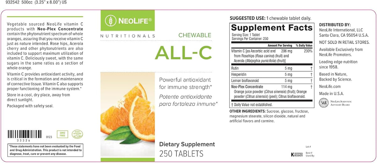 NeoLife All-C Vitamin C Chewable Tablets – Orange Flavour with Bioflavonoid Complex – 250 Tablets - görsel 5