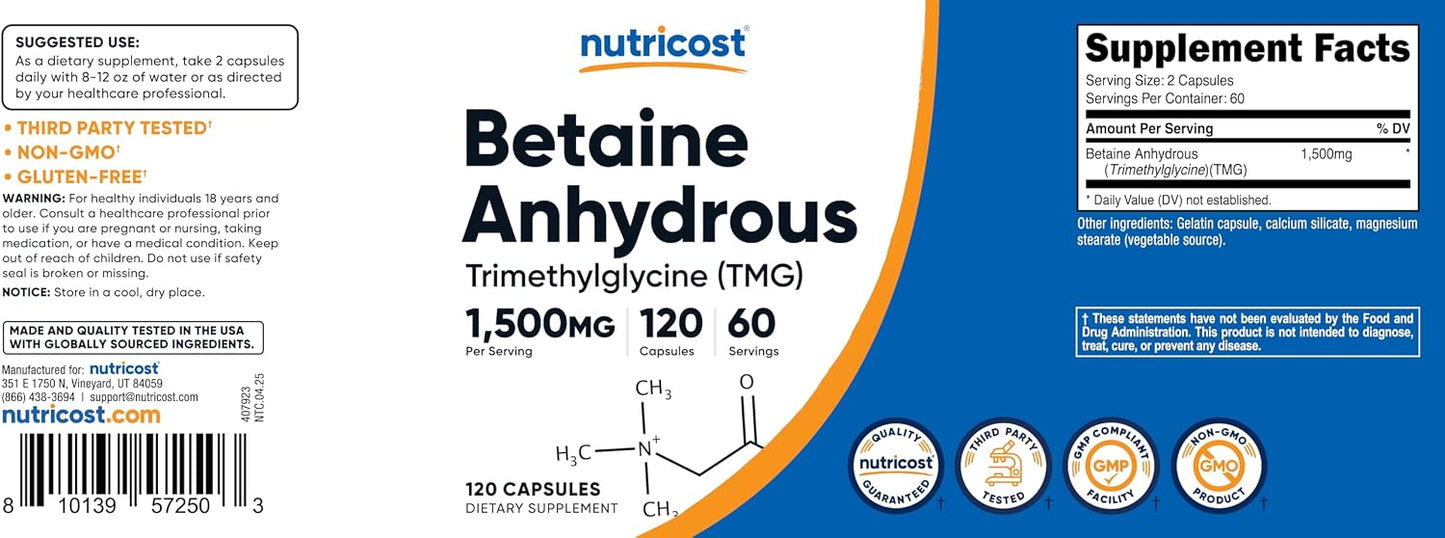 Nutricost Betaine Anhydrous Capsules 1500mg - 120 Capsules - görsel 6