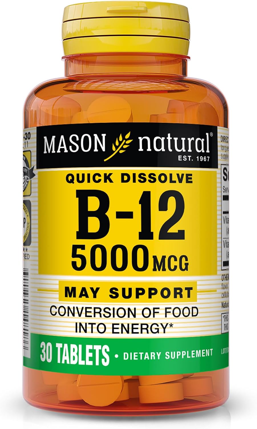 Mason Natural Vitamin B12 5000 mcg Sublingual Tablets, Raspberry Flavour, 30 Count - görsel 1