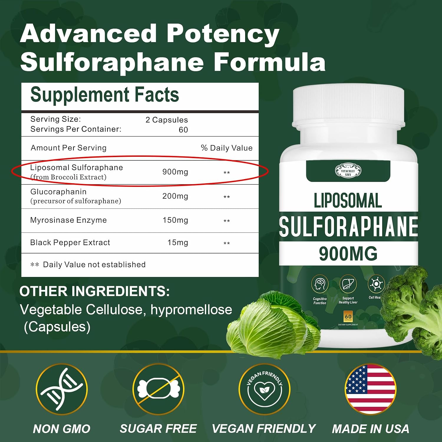 900MG Liposomal Sulforaphane Supplement Broccoli Extract – Liver Support, Antioxidant, Digestion, Cellular Health – 120 Capsules - görsel 2