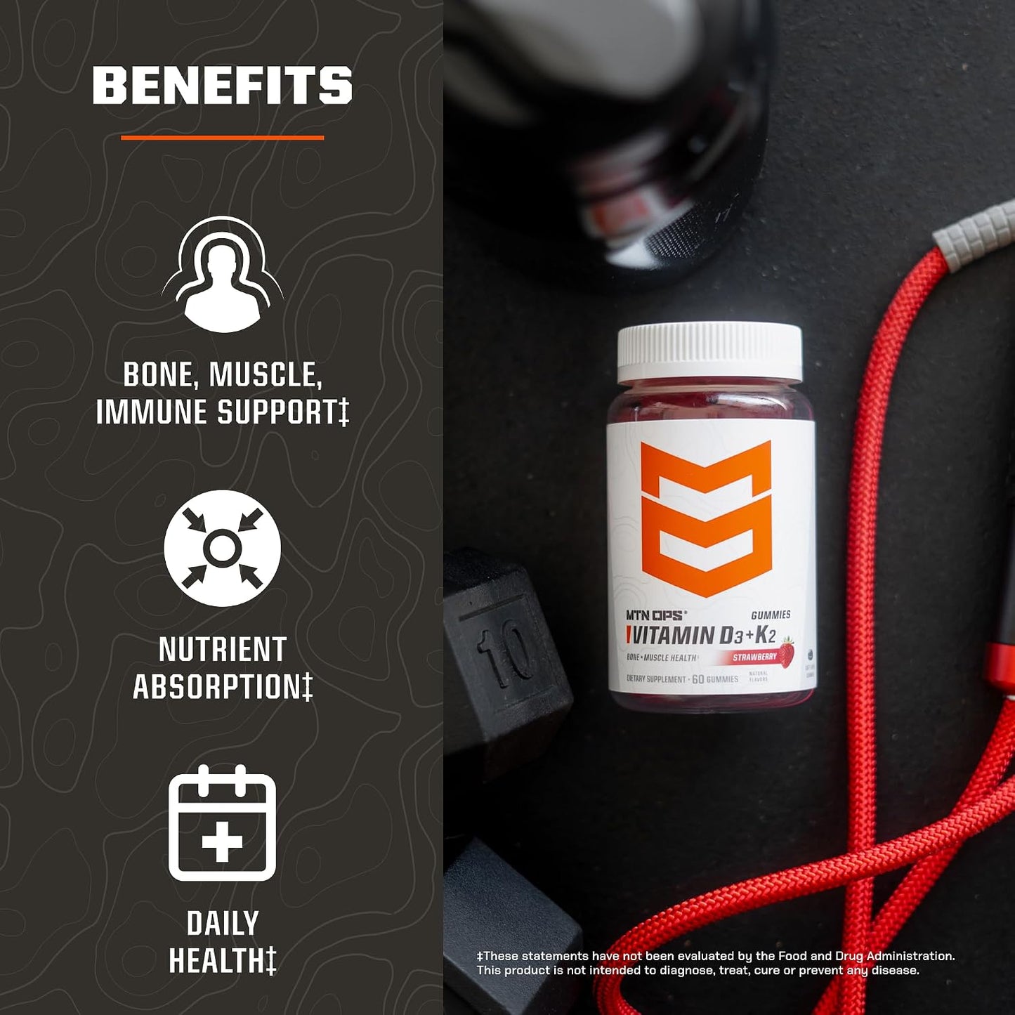 MTN OPS Vitamin D3 K2 Gummies - 5000 IU D3 & 90 mcg K2 MK-7, Natural Strawberry, 60 Gummies - görsel 3