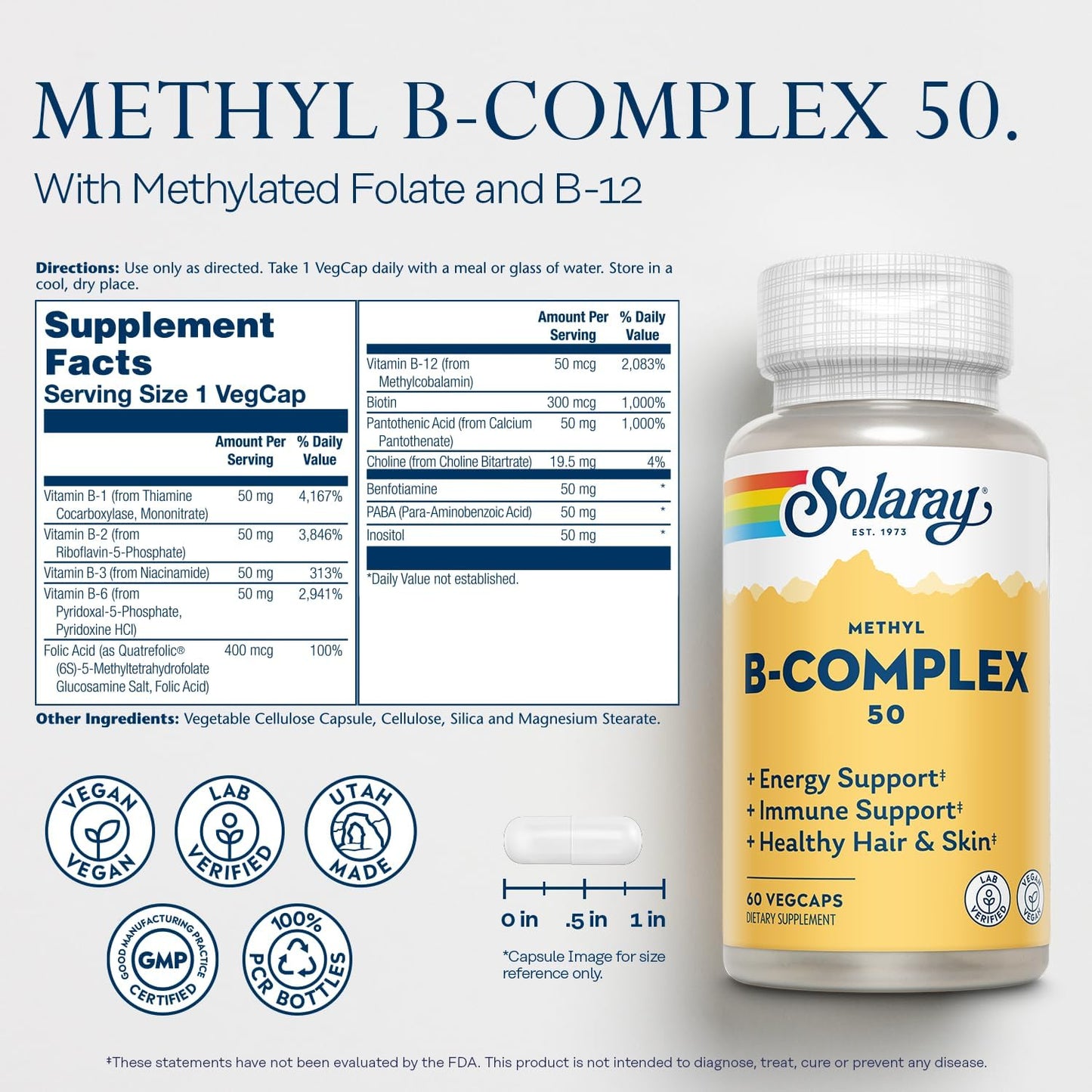 SOLARAY Methyl B Complex 50mg, Vitamin B Complex with Methylated B12, B6, Folic Acid, Biotin - Vegan, 60 Capsules - görsel 2